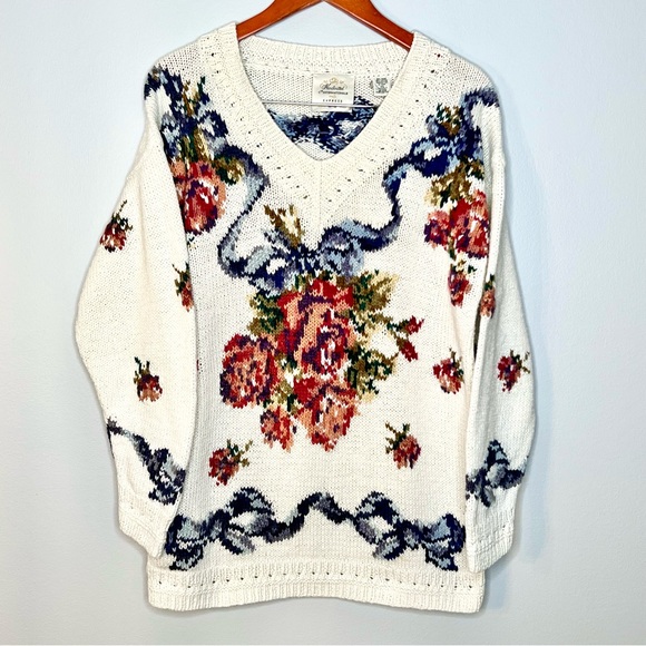Express Sweaters - Express vintage coquette White V-Neck Sweater with Floral Pattern